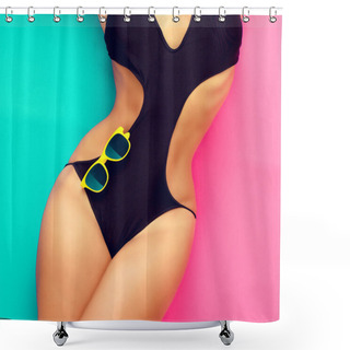 Personality  Fashion Girl In A Bathing Suit On A Pink Background Shower Curtains
