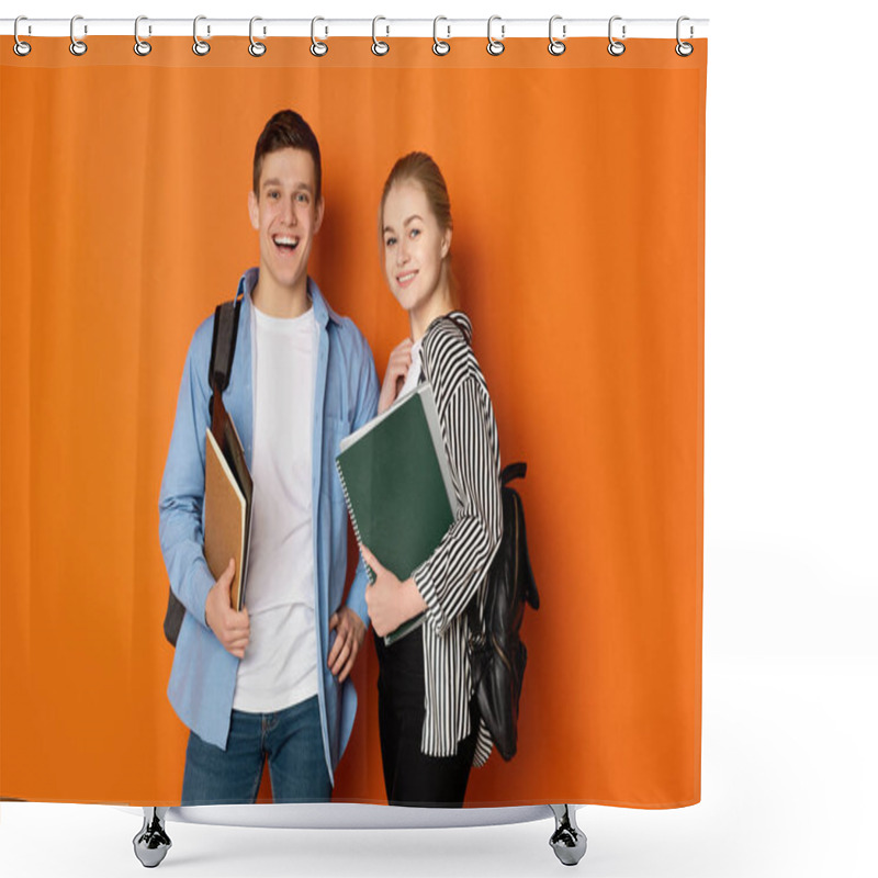 Personality  Excited student couple with backpacks and books shower curtains