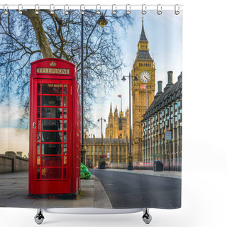 Personality  London, England - The Iconic British Old Red Telephone Box With The Big Ben At Background In The Center Of London Shower Curtains