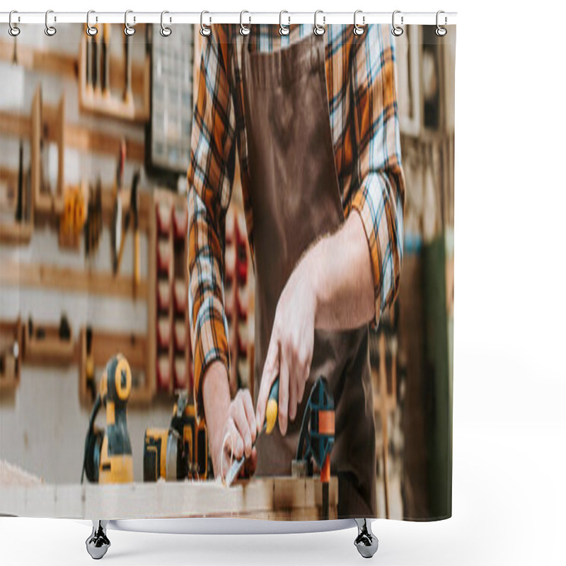 Personality  Panoramic Shot Of Carpenter Holding Chisel While Carving Wood In Workshop  Shower Curtains