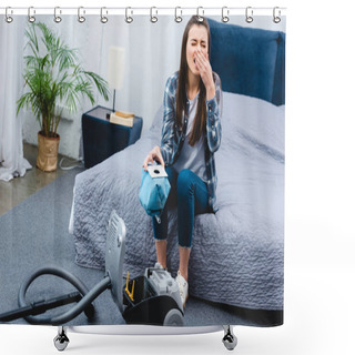 Personality  High Angle View Of Woman With Allergy Holding Container From Vacuum Cleaner With Dust And Sneezing In Bedroom    Shower Curtains