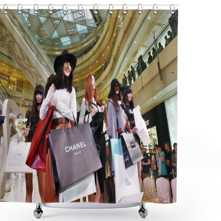 Personality  Models Carrying Shopping Bags Of Luxury Fashion Brands Parade During A Show At The International Finance Center (IFC) In The Lujiazui Financial District In Pudong, Shanghai, China, 13 September 2011 Shower Curtains