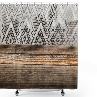 Personality  Wood Texture. Wooden House. Wood Brown, Voluminous, Textured, Cracked. Next To The Wooden Strip Is A White Patterned Tulle. Patterned Apron. Wooden House Window Shower Curtains