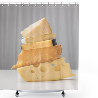 Personality  Close Up View Of Stack Of Different Types Of Cheese On Gray Shower Curtains