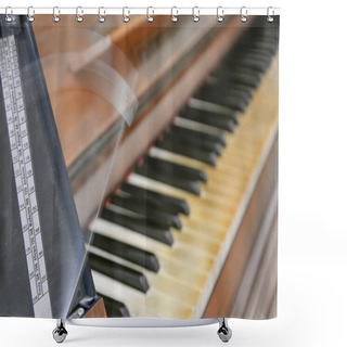 Personality  Antique Metronome Marks The Rhythm Of The Music On An Old Wooden Piano Shower Curtains