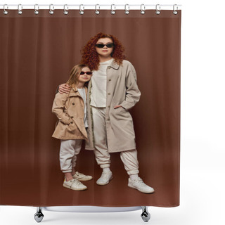 Personality  Generations, Redhead Mother And Child Posing In Sunglasses And Beige Autumnal Coats, Brown Backdrop Shower Curtains