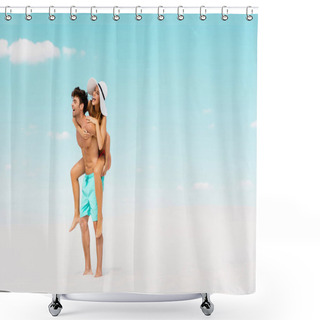 Personality  Smiling Young Man Piggybacking Girlfriend On Sandy Beach Shower Curtains