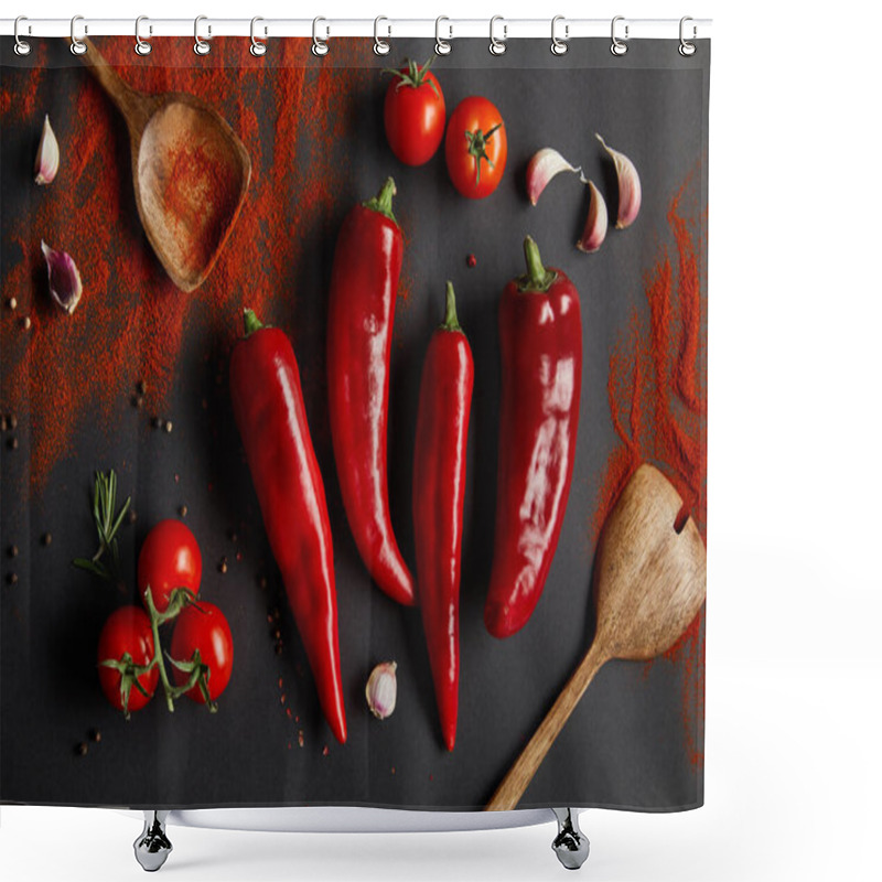 Personality  top view of spicy chili peppers, cherry tomatoes and fresh rosemary near spoons with paprika powder on black  shower curtains