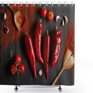 Personality  Top View Of Spicy Chili Peppers, Cherry Tomatoes And Fresh Rosemary Near Spoons With Paprika Powder On Black  Shower Curtains