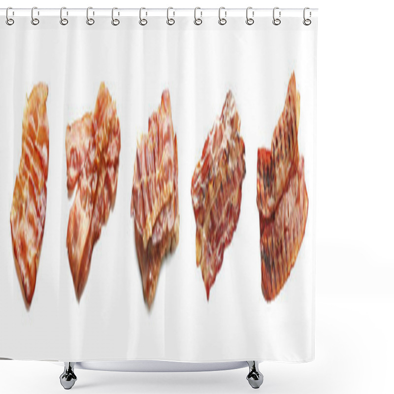 Personality  Set With Tasty Fried Bacon Slices On White Background. Banner Design Shower Curtains