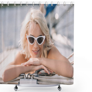 Personality  Selective Focus Of Attractive Young Woman In Sunglasses Laying On Yacht  Shower Curtains