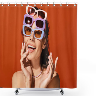 Personality  A Fashionable Woman Striking A Pose With Sunglasses Perched Atop Her Head Against An Orange Backdrop. Shower Curtains