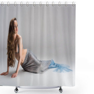 Personality  Attractive Woman With Mermaid Tail Sitting On Floor And Looking Away Shower Curtains