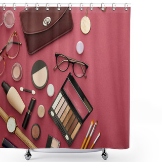 Personality  Top View Of Brown Bag Near Glasses And Lipsticks On Crimson  Shower Curtains