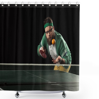 Personality  Tennis Player Throwing Up Mandarin At Tennis Table Isolated On Black Shower Curtains