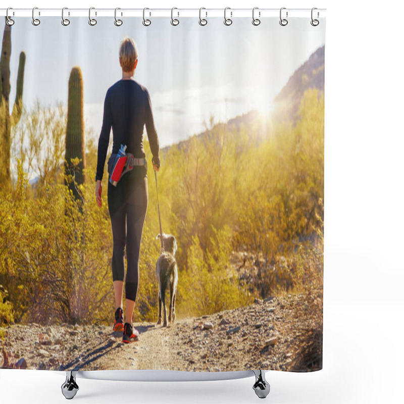 Personality  Unidentifiable Woman Walking A Dog On A Hiking Path In Mountain View Park In Phoenix, Arizona Shower Curtains