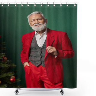 Personality  Stylish Santa With White Beard Wearing Classy Suit And Posing Next To Pine Tree, Winter Concept Shower Curtains