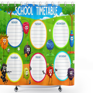Personality  Timetable Schedule, Cartoon Cheerful Berry Characters On Summer Meadow, Vector Education Lessons Plan. Funny Strawberry Or Raspberry With Blueberry In Fitness Or Sport On Kid School Timetable Schedule Shower Curtains
