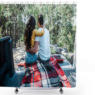 Personality  Back View Of Young Woman And Man Hugging While Sitting In Car Trunk In Woods  Shower Curtains