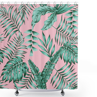 Personality  Tropical Banana Palm Leaves Green Colors Seamless Pattern On The Pink Background Shower Curtains