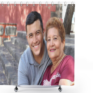 Personality  Hispanic Senior Woman With Her Son Shower Curtains