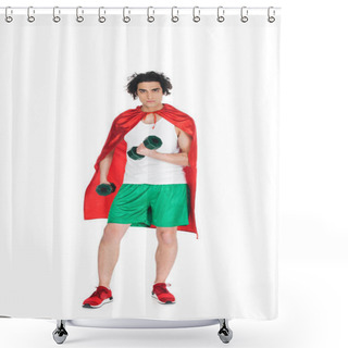 Personality  Thin Sportsman With Dumbbells In Hands Standing In Red Cape Isolated On White Shower Curtains