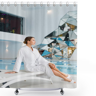 Personality  Side View Of Young Woman In White Bathrobe Sitting On Deck Chair In Spa Center Shower Curtains