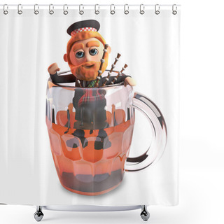 Personality  3d Cartoon Funny Scottish Man With Red Beard And Tartan Kilt Climbs Out Of A Pint Of Beer With His Bagpipes, 3d Illustration Shower Curtains