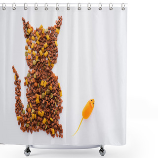 Personality  Top View Of Shape Of Cat Made From Dry Pet Food Near Rubber Mouse Isolated On White Shower Curtains