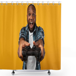 Personality  Excited Black Guy Playing Videogame Holding Game Controller In Studio Shower Curtains