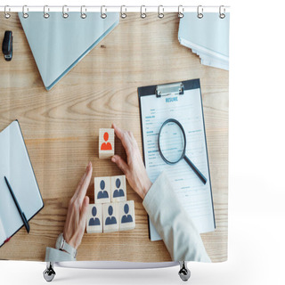 Personality  Top View Of Recruiter Near Magnifier, Clipboard And Wooden Cubes  Shower Curtains