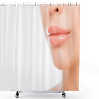 Personality  Close Up Photo Of Woman's Lips With Natural Make Up On White Bac Shower Curtains