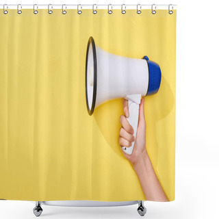 Personality  Cropped View Of Woman Holding Loudspeaker On Yellow Background  Shower Curtains