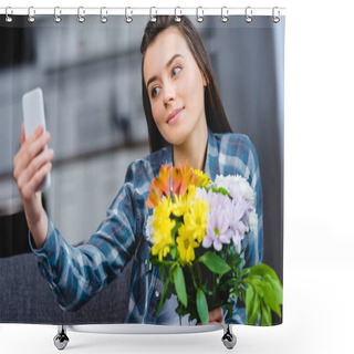 Personality  Beautiful Smiling Young Woman Holding Flowers And Taking Selfie With Smartphone At Home  Shower Curtains