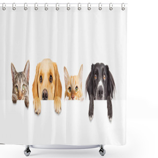 Personality  Row Of The Tops Of Heads Of Cats And Dogs With Paws Up, Peeking Over A Blank White Sign. Sized For Web Banner Or Social Media Cover Shower Curtains