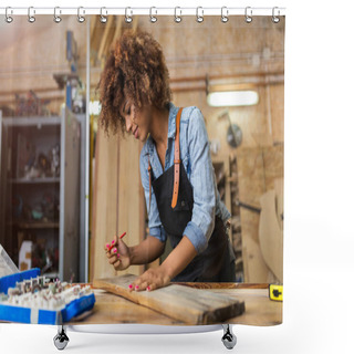 Personality  Afro American Woman Craftswoman Working In Her Workshop Shower Curtains
