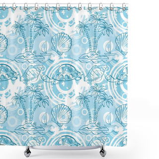 Personality  Seamless White And Blue Pattern. Sea Island With Palm Trees, Boat, Turtles, Shells, Contours. Shower Curtains