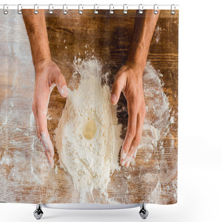 Personality  Partial View Of Male Hands And Flour On Kitchen Table Shower Curtains