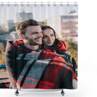 Personality  Happy Young Couple Covering In Plaid And Looking Away With Blurred City On Background Shower Curtains