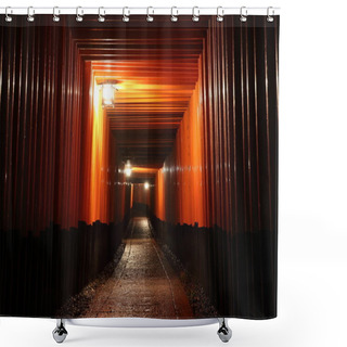 Personality  Tori Gates In Fushimi Inari Shrine At Night With Selective Focus Shower Curtains