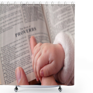 Personality  Baby Holding Dad Finger On Bible Shower Curtains