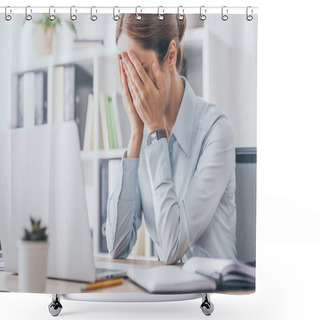 Personality  Stressed Adult Businesswoman Covering Face With Hands At Office Shower Curtains