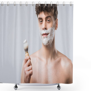 Personality  Handsome Man Holding Brush With Shaving Foam, Isolated On Grey Shower Curtains