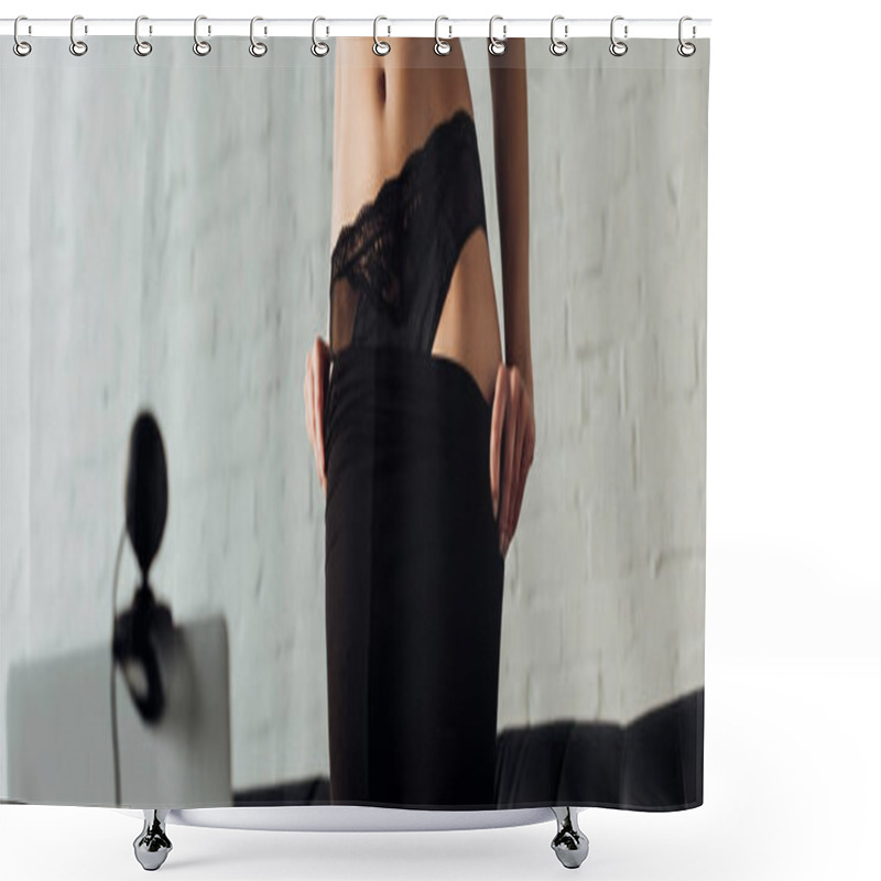 Personality  Cropped View Of Young Woman Taking Off Skirt While Posing At Web Camera, Panoramic Shot Shower Curtains