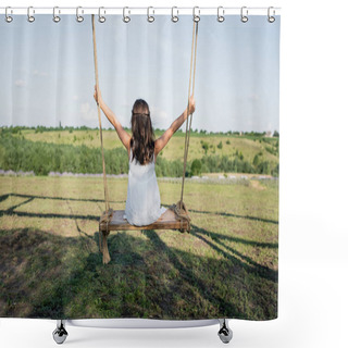 Personality  Back View Of Child In Summer Dress Riding Swing In Meadow Shower Curtains