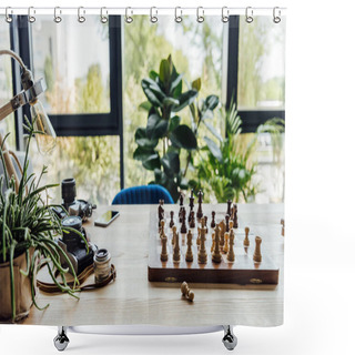 Personality  Chess Board Set With Old Cameras Shower Curtains