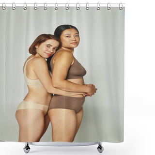 Personality  Two Multiethnic Women In Underwear Embracing And Looking At Camera On Light Grey Background Shower Curtains