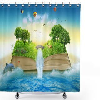 Personality  Illustration Magic Opened Book Covered With Grass Trees Waterfall  Shower Curtains