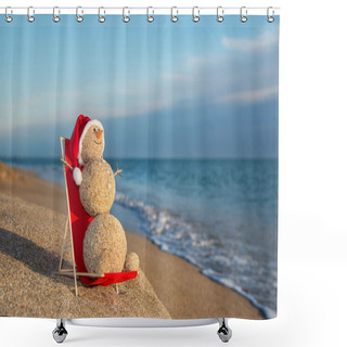 Personality  Sandy Snowman Sunbathing In Beach Lounge. Holiday Concept For Ne Shower Curtains