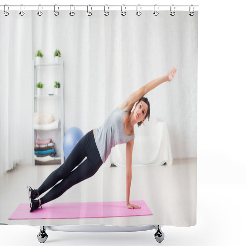 Personality  Fit Woman Doing Side Plank Yoga Pose Shower Curtains